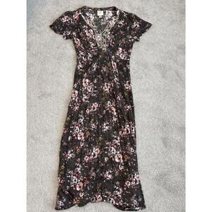 Knox Rose Black Floral Midi Dress with Embroidered V-Neck